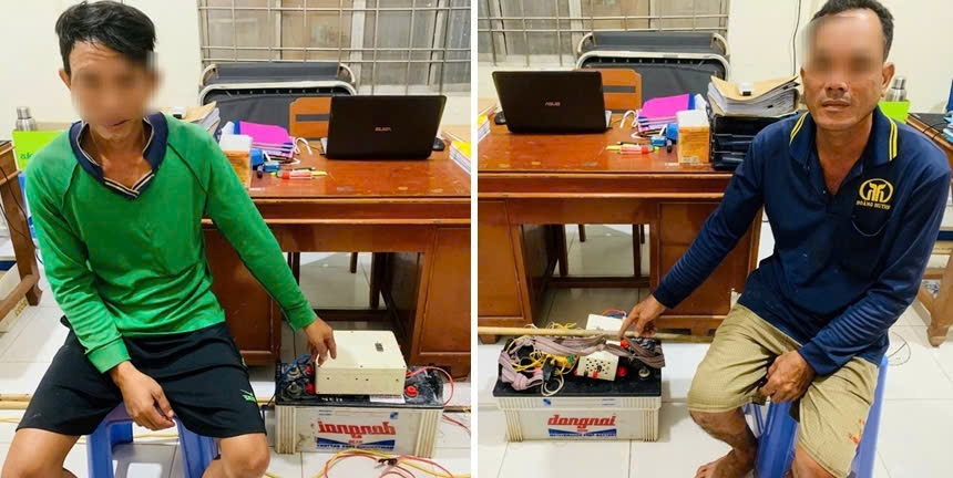 Hai đối tượng sử dụng xung điện đánh bắt thủy sản bị công an bắt giữ. (Ảnh: CACC)