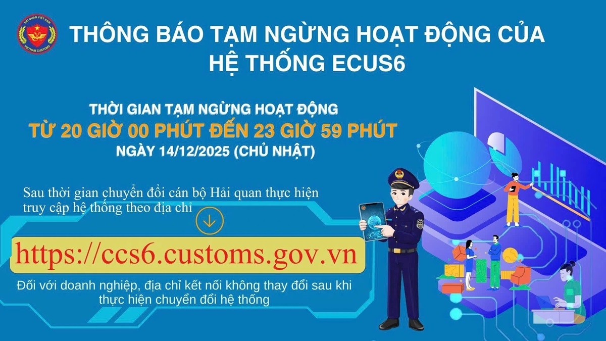 Hệ thống thông quan điện tử ECUS6 từ 20h đến 23h59 tối 14/12 để thực hiện chuyển đổi sang môi trường điện toán đám mây