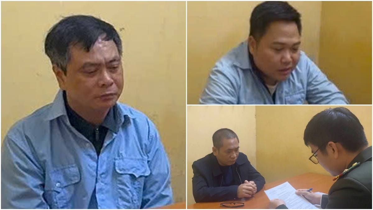 Hiệu trưởng trường Cao đẳng Du lịch Hà Nội - Phạm Văn Long (ngoài cùng bên trái) và các bị can.