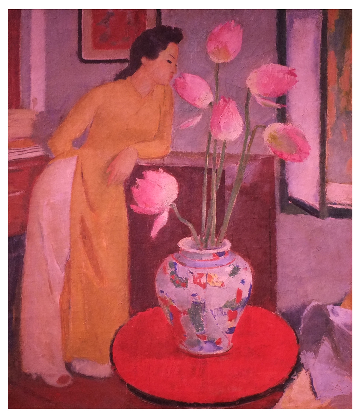 Tác phẩm chất liệu sơn dầu "Thiếu nữ bên hoa sen"