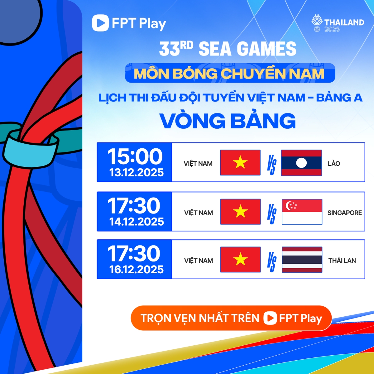 Lịch thi đấu và trực tiếp bóng chuyền nam SEA Games 33 của đội tuyển Việt Nam.