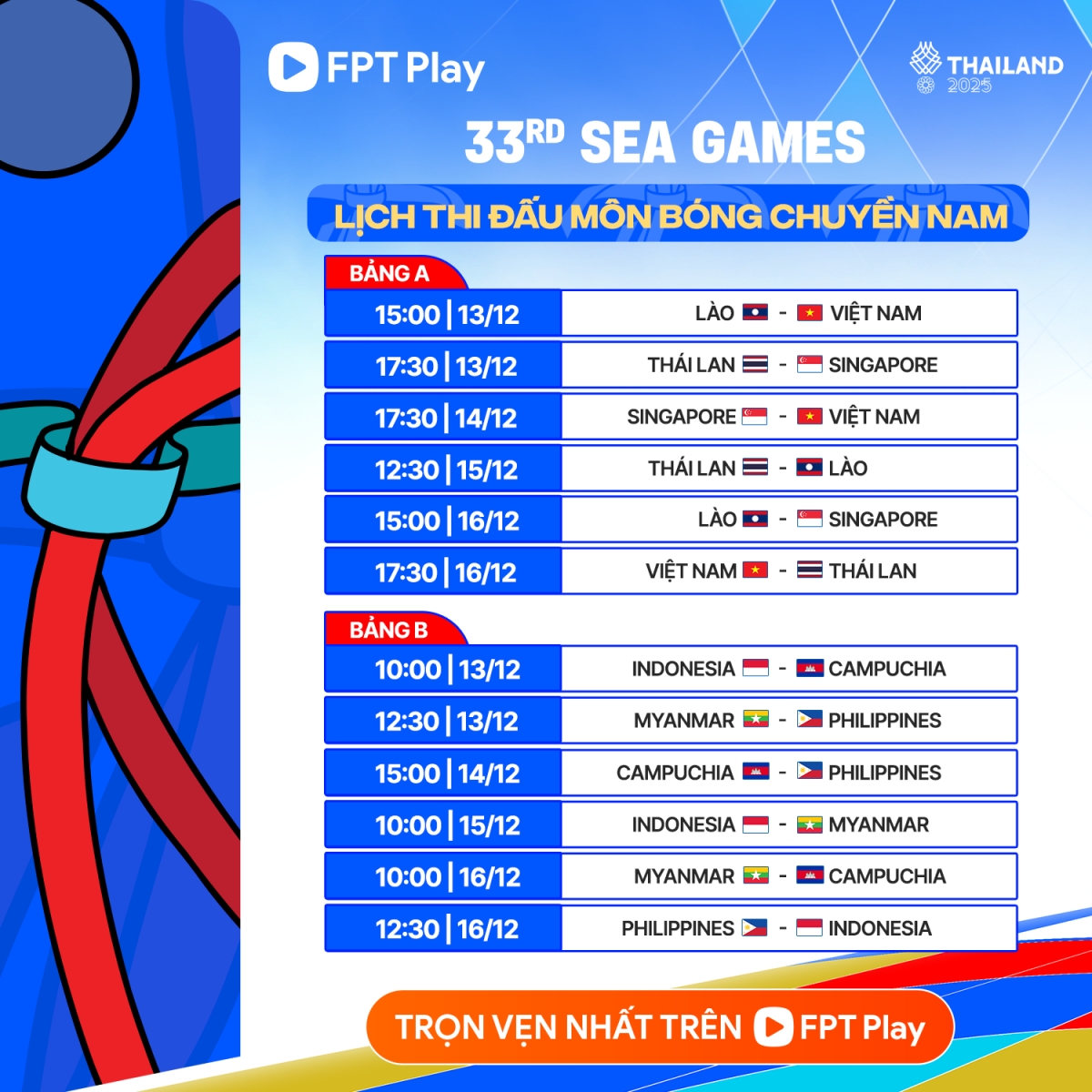 Lịch thi đấu và trực tiếp vòng bảng bóng chuyền nam SEA Games 33.