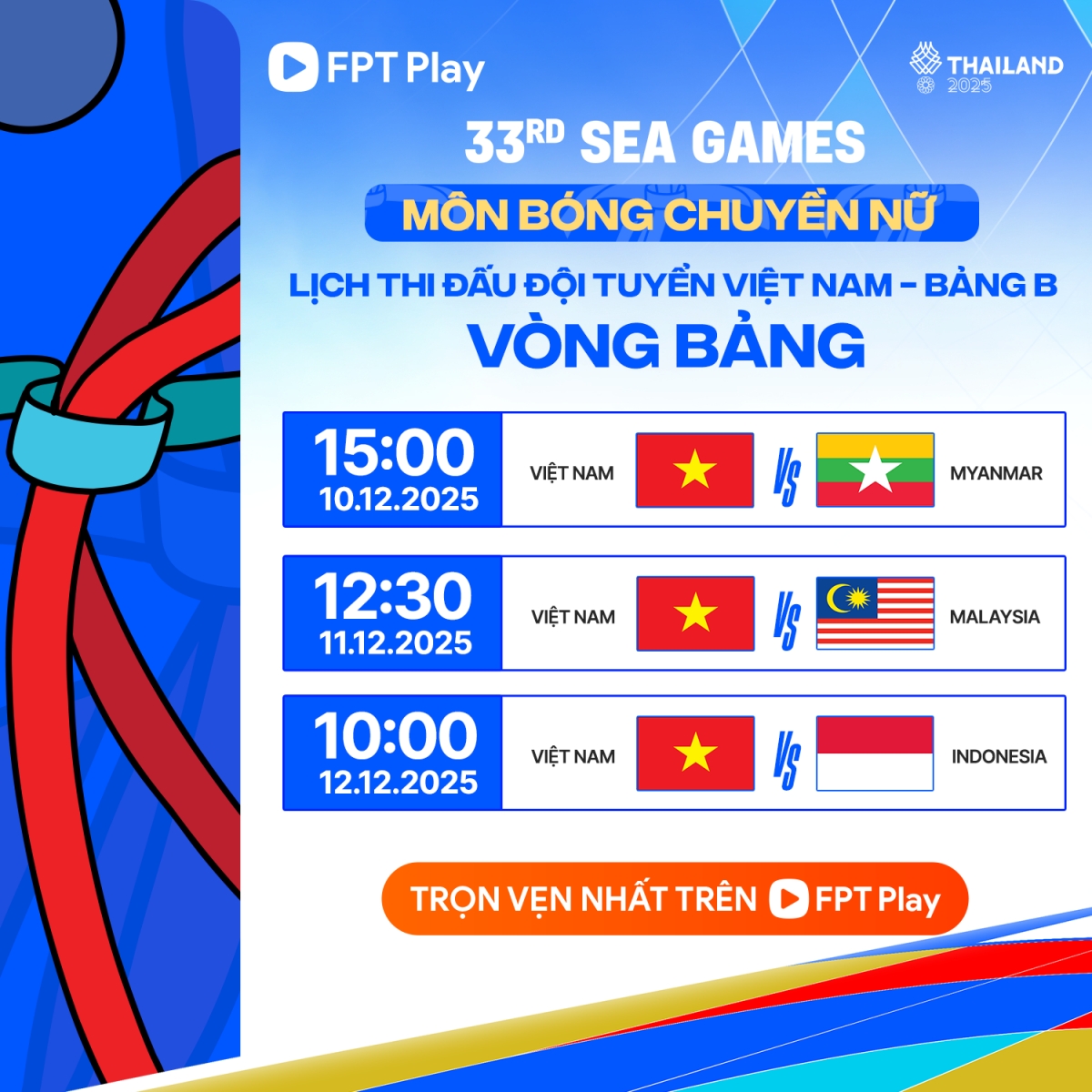 Lịch thi đấu và trực tiếp bóng chuyền nữ SEA Games 33 của Việt Nam.