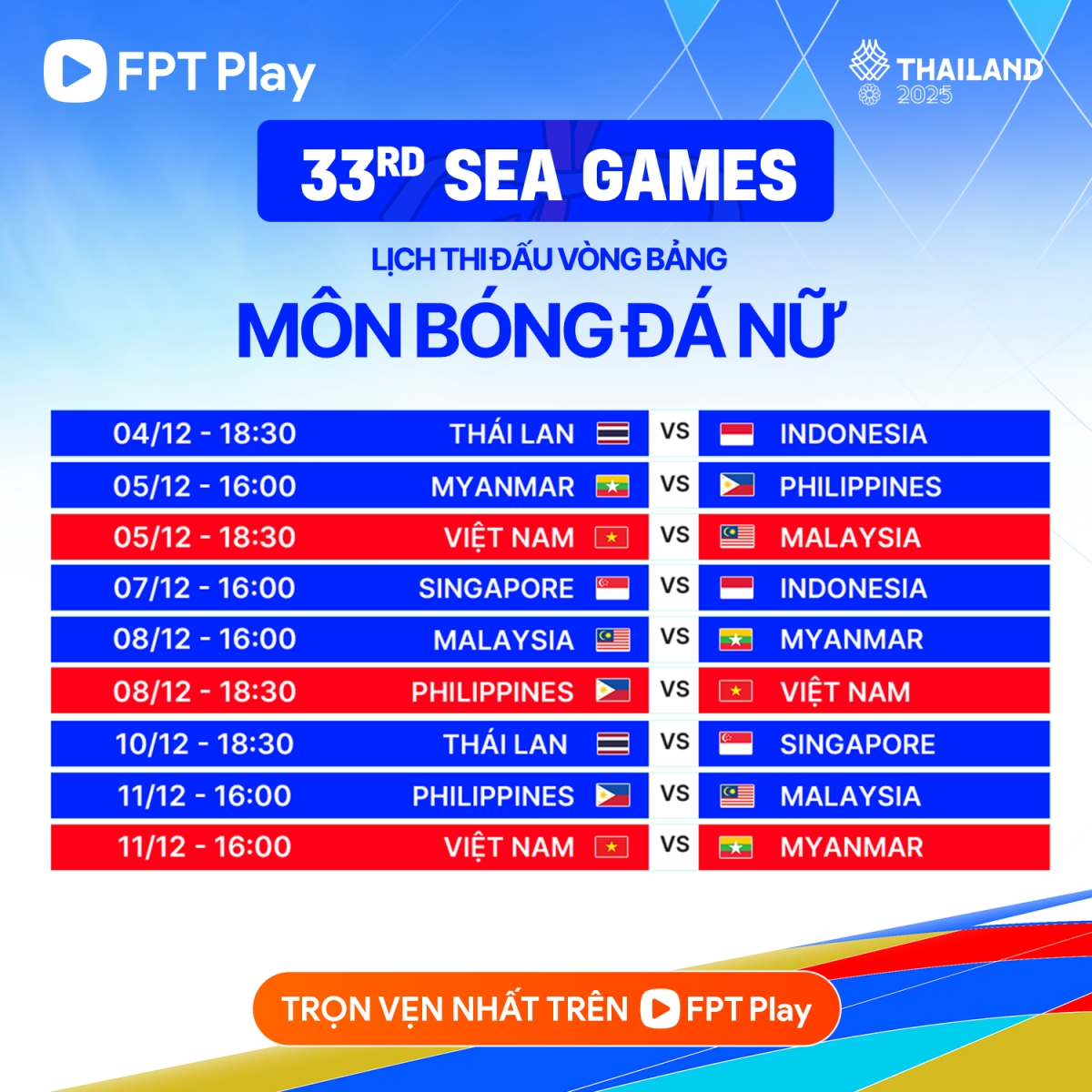 Lịch thi đấu và trực tiếp bóng đá nữ SEA Games 33.