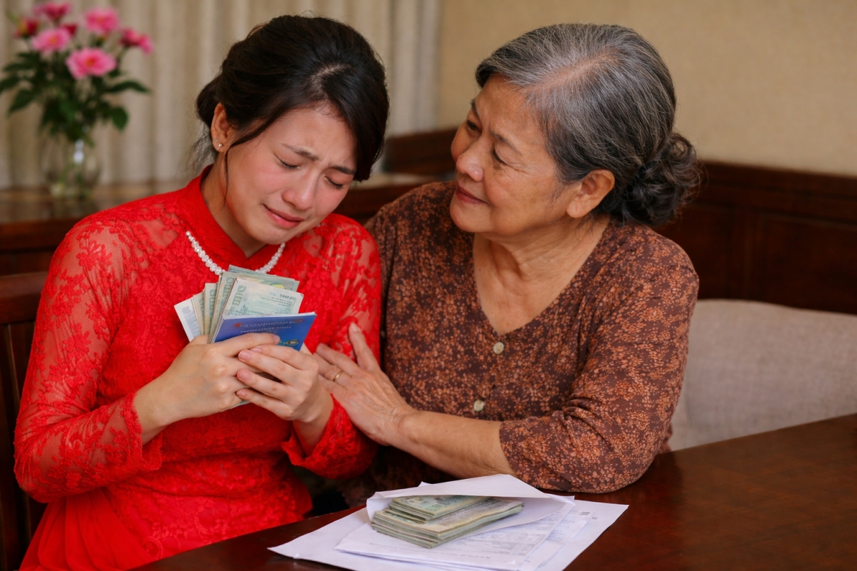 Tôi đã bật khóc khi mẹ chồng đưa lại toàn bộ số tiền mừng cưới và còn cho tôi 50 triệu tiền tiết kiệm dưỡng già của bà (ảnh minh họa: AI)
