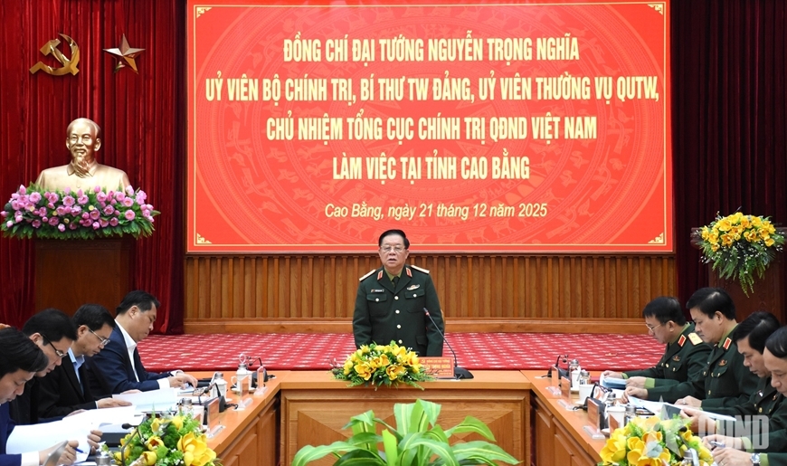  Đại tướng Nguyễn Trọng Nghĩa phát biểu tại buổi làm việc với lãnh đạo tỉnh Cao Bằng.