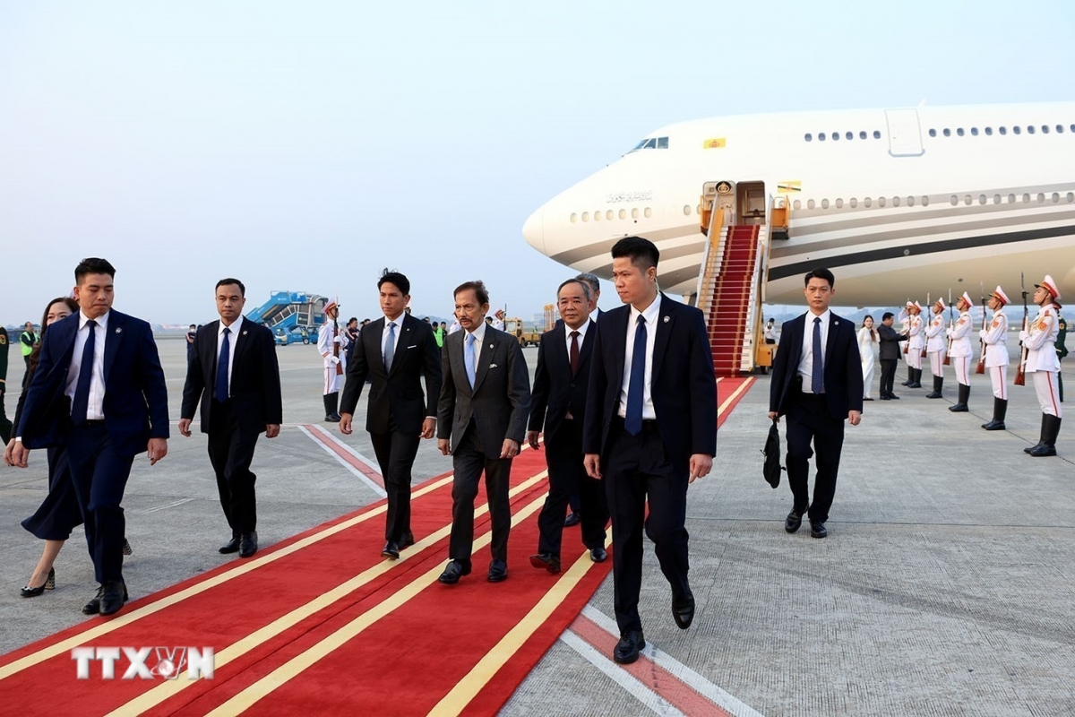 Chiều 30/11, Quốc vương Brunei Hassanal Bolkiah cùng đoàn đại biểu cấp cao Brunei đến Hà Nội, bắt đầu chuyến thăm cấp Nhà nước tới Việt Nam từ ngày 30/11 đến ngày 2/12, theo lời mời của Chủ tịch nước Lương Cường. (Ảnh: TTXVN)