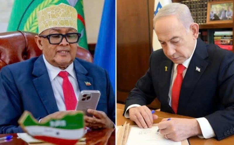 Ảnh trái: Tổng thống Somaliland, Abdirahman Mohamed Abdullahi nói chuyện với Thủ tướng Israel, Benjamin Netanyahu trong bức ảnh do Văn phòng Báo chí Chính phủ Israel công bố ngày 26/12/2025; Ảnh phải - Thủ tướng Netanyahu ký tuyên bố công nhận Cộng hòa Somaliland là một quốc gia độc lập, ngày 26/12 (Ảnh: GPO)