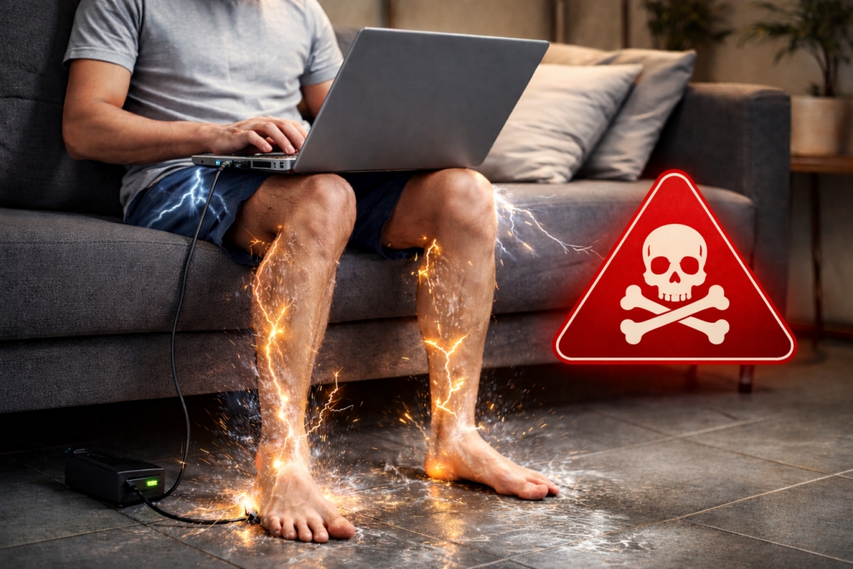 Vừa sạc laptop vừa để lên đùi, chân tiếp xúc với đất - hành vi nguy hiểm (Ảnh được tạo bởi AI)
