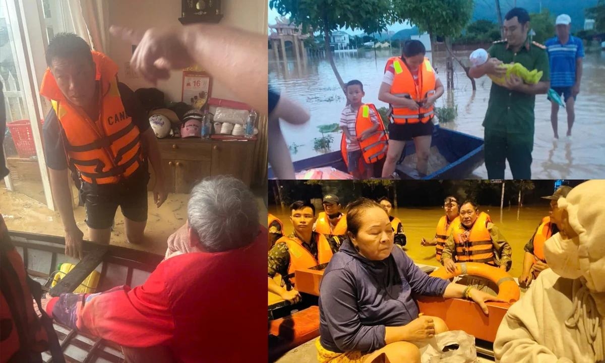 Thượng tá Lê Văn Thọ (ảnh lớn) cùng lực lượng công an, quân đội di dời người và tài sản tại vùng ngập úng.