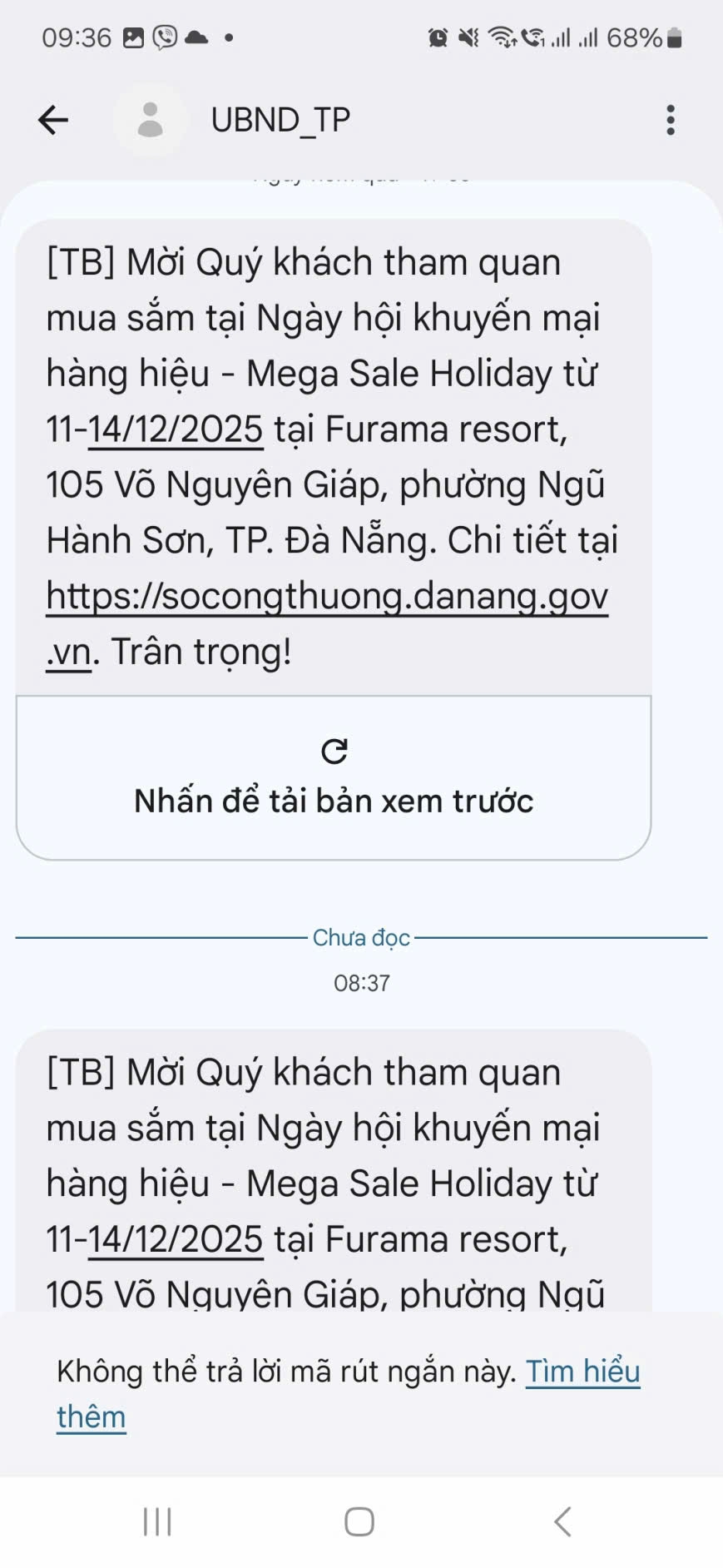 Tin nhắn được gửi đến người dân TP Đà Nẵng