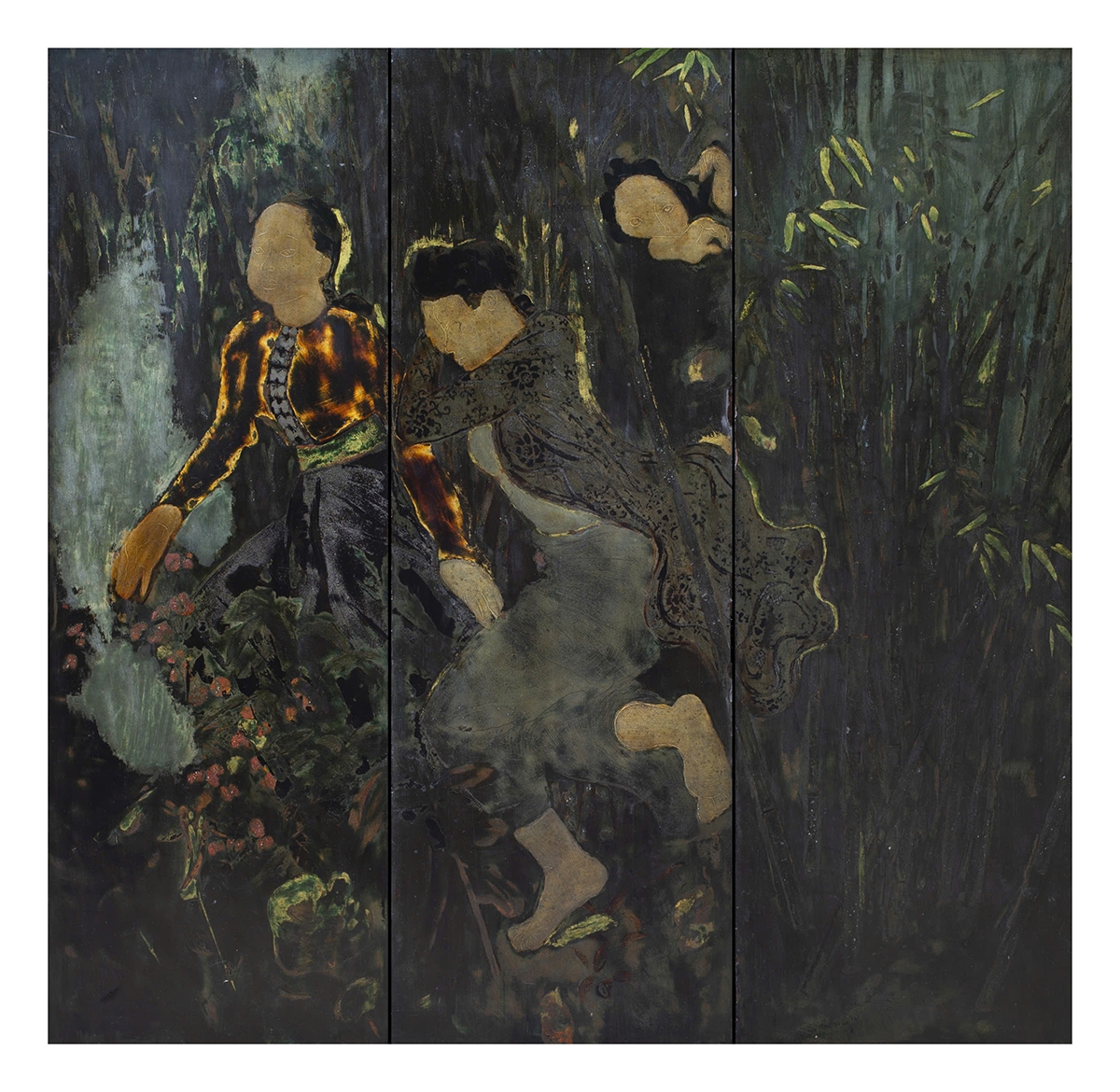 Tác phẩm sơn mài "Chạy giặc trong rừng"