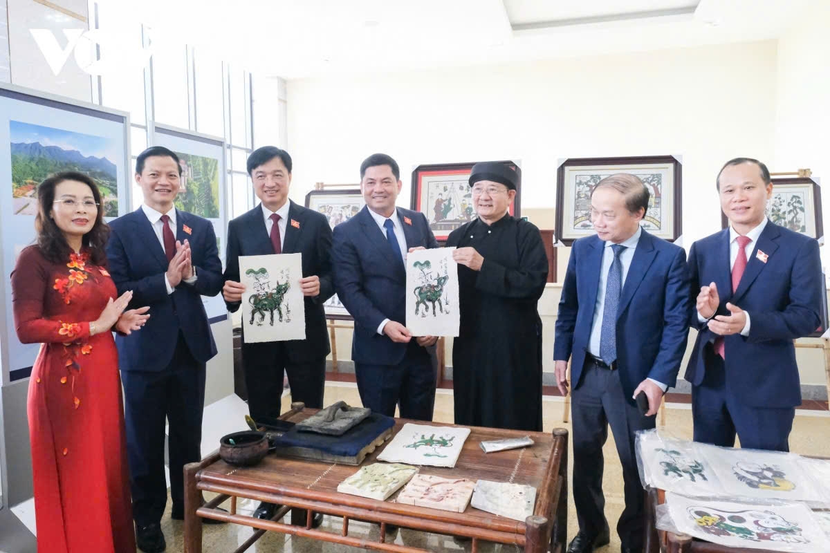 Đại biểu lãnh đạo trải nghiệm tranh dân gian Đông Hồ