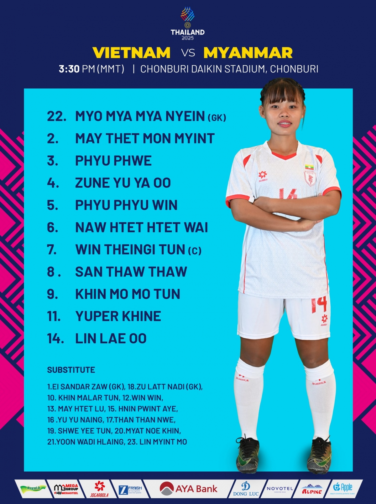 Đội hình xuất phát của ĐT nữ Myanmar. 