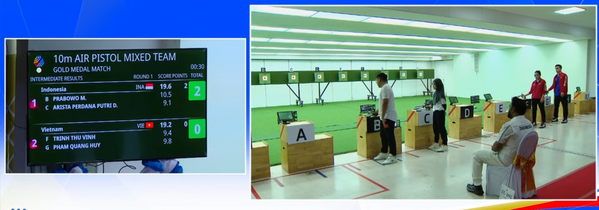 Phạm Quang Huy và Trịnh Thu Vinh thi chung kết 10m súng ngắn đồng đội hỗn hợp với đối thủ Indonesia.