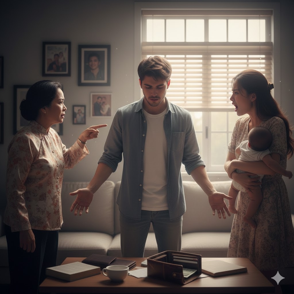 Tôi mệt mỏi khi đứng giữa mâu thuẫn của mẹ và vợ (Ảnh minh họa, nguồn: AI)