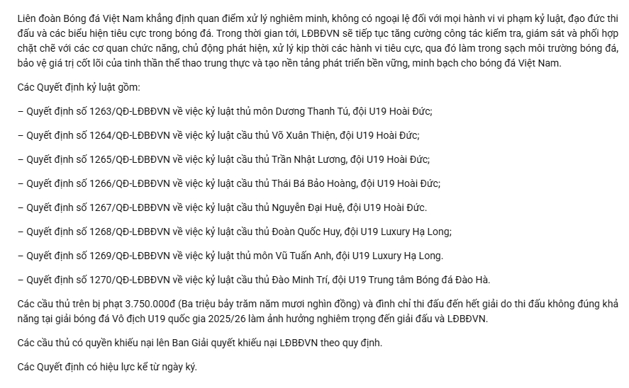 VFF xử lý nghiêm những cầu thủ thi đấu không đúng năng lực ở Giải Vô địch U19 Quốc gia 2025/2026.