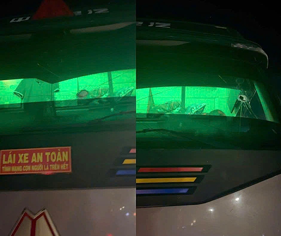 Viên đá đã trúng xe tải đầu kéo làm thủng và rạn vỡ kính trước. (Ảnh: Công an Hà Tĩnh)