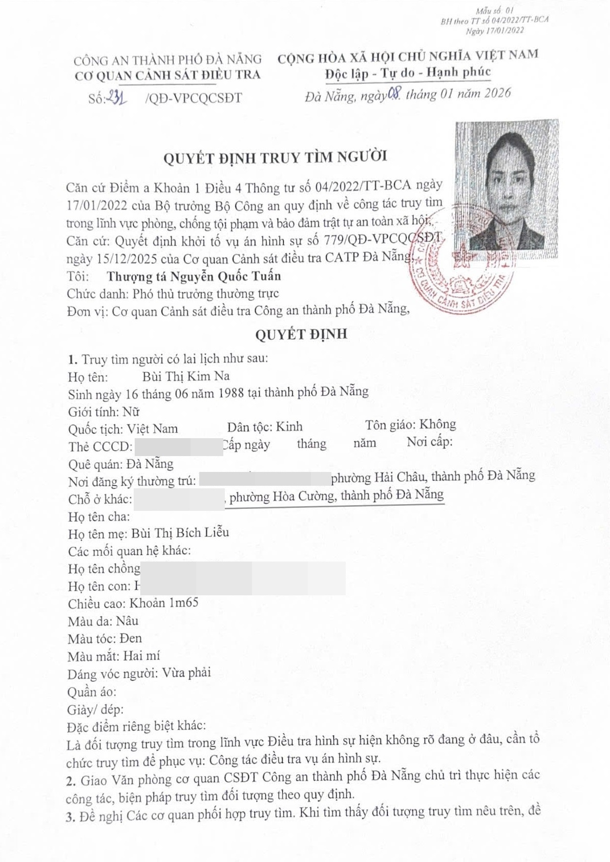 Quyết định truy tìm đối với Bùi Thị Kim Na