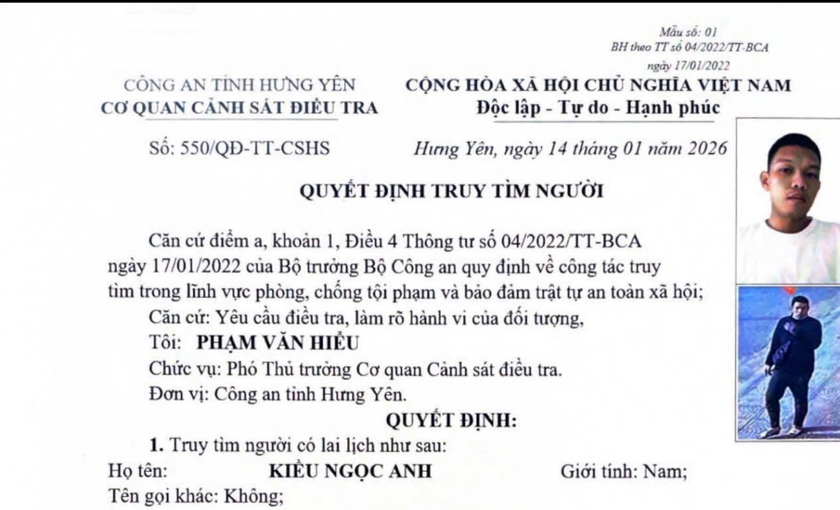 Quyết định truy tìm của Công an tỉnh Hưng Yên.