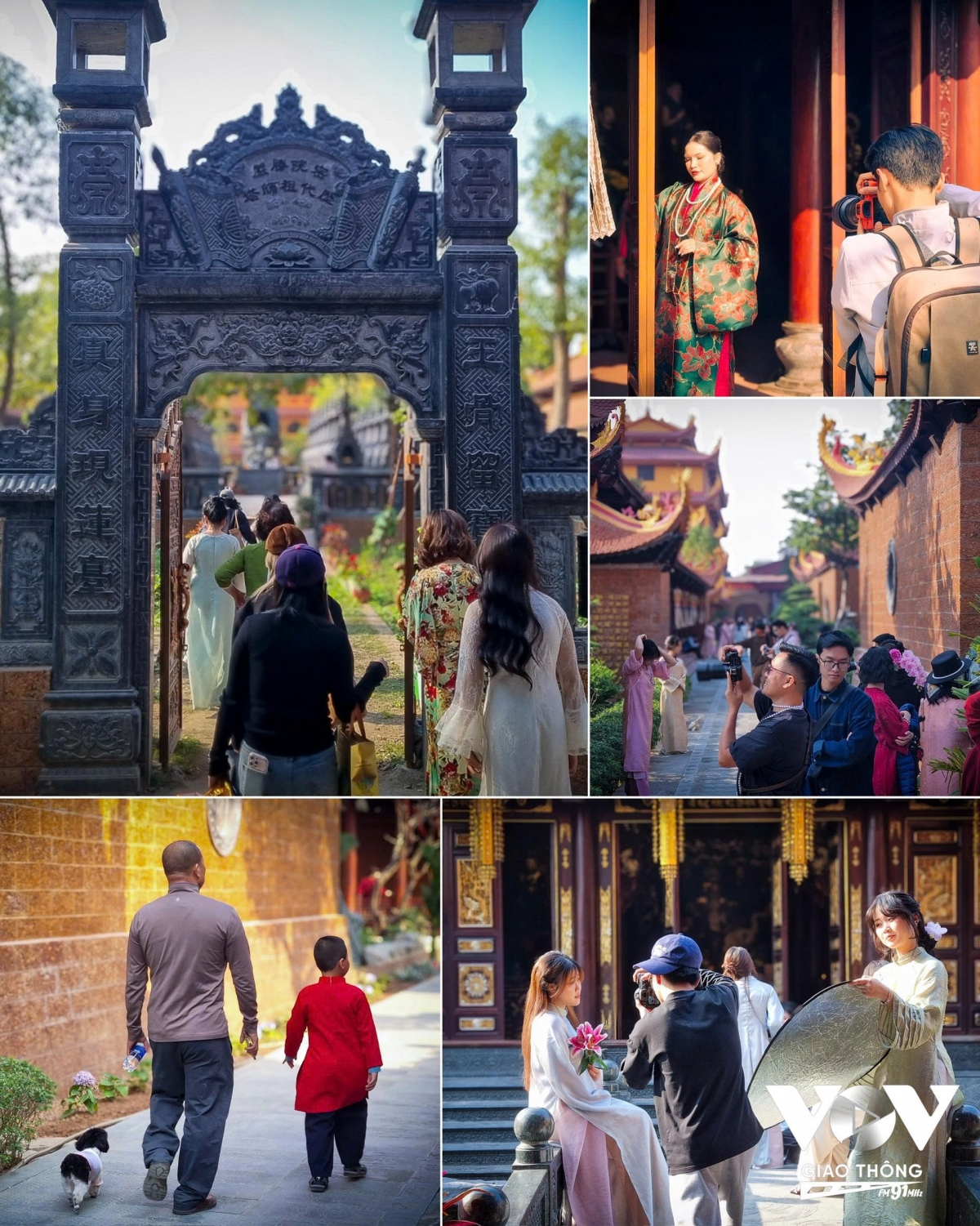 Chùa có lượng lớn du khách ghé thăm, đặc biệt là các bạn trẻ tới chụp ảnh, mặc áo dài, đi lễ… Dù vẫn là ngày trong tuần nhưng hầu hết các góc, khung cảnh tại chùa đều có bóng dáng áo dài, trang phục cổ truyền, lan tỏa nét đẹp văn hóa truyền thống tại đây.