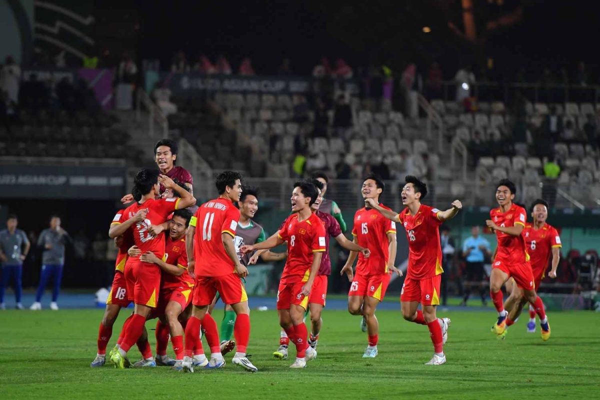 Các cầu thủ U23 Việt Nam ăn mừng sau chiến thắng trước U23 Hàn Quốc. (Ảnh: AFC). 