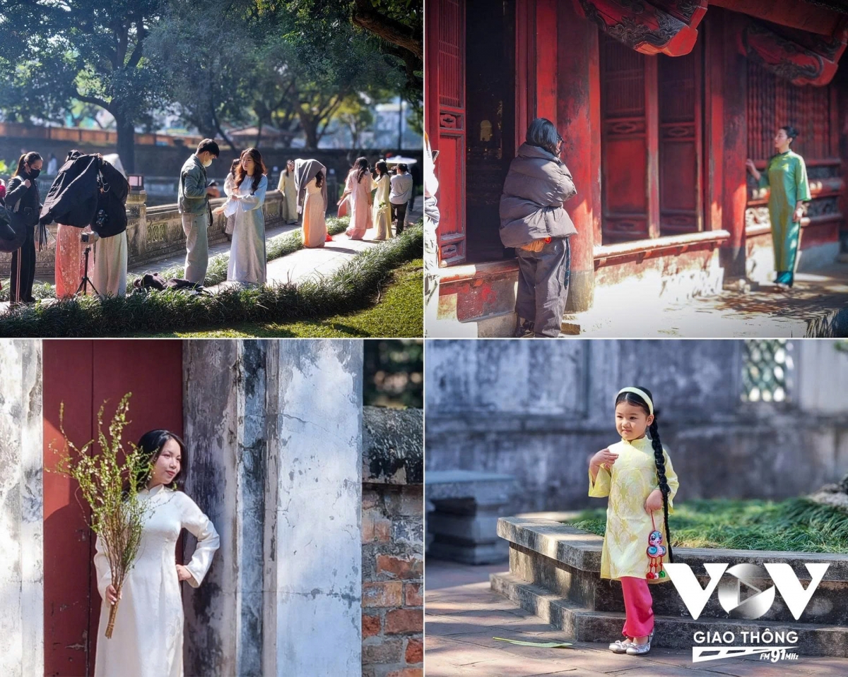 Hình ảnh áo dài truyền thống phủ khắp không gian cổ kính tại Văn Miếu - Quốc Tử Giám.