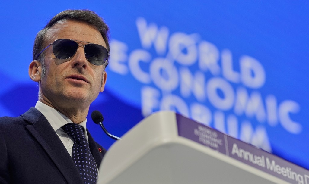 Tổng thống Pháp Macron tại Diễn đàn kinh tế tổ chức tại Davos, Thụy Sĩ. Ảnh: AP.