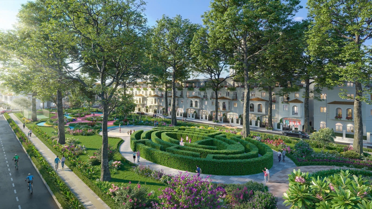 Hệ thống vườn hoa tại phân khu Địa Trung Hải được quy hoạch thành các không gian xanh liên hoàn, vừa tạo điểm nhấn cảnh quan vừa phục vụ sinh hoạt hằng ngày