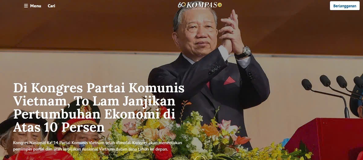 Báo Indonesia đưa tin về Đại hội XIV Đảng Cộng sản Việt Nam. Ảnh chụp màn hình
