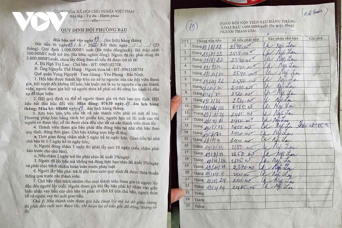 Giấy theo dõi nộp tiền "bậu" hàng tháng kèm chữ ký của "chủ bậu"