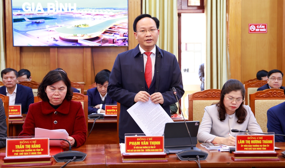 Phó Chủ tịch UBND tỉnh Bắc Ninh Phạm Văn Thịnh báo cáo tại buổi làm việc