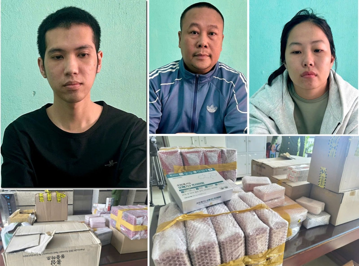 Các đối tượng từ trái qua phải: Phạm Nhất Duy, Nguyễn Doanh Thương và Nguyễn Thị Thanh Nhàn cùng tang vật vụ án.