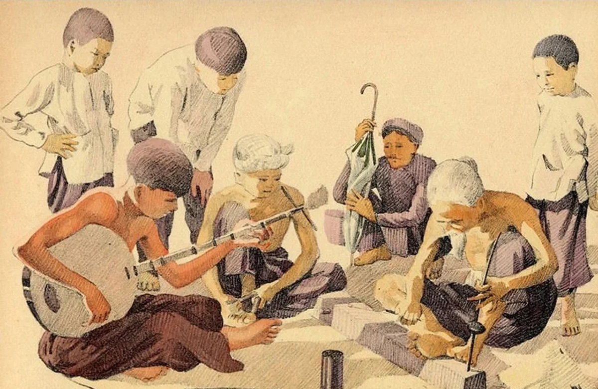 Hình ảnh một gánh hát ở Nam Bộ xưa được vẽ minh họa. Người nghệ sĩ đờn và nghệ sĩ hát là nông dân tay cày tay cuốc nhưng đã cống hiến cho nghệ thuật loại hình cải lương. đưa loại hình này phát triển rực rỡ hơn 100 năm. Đi đến đâu, những nghệ sĩ này và đoàn hát của họ cũng được nhân dân mến mộ.