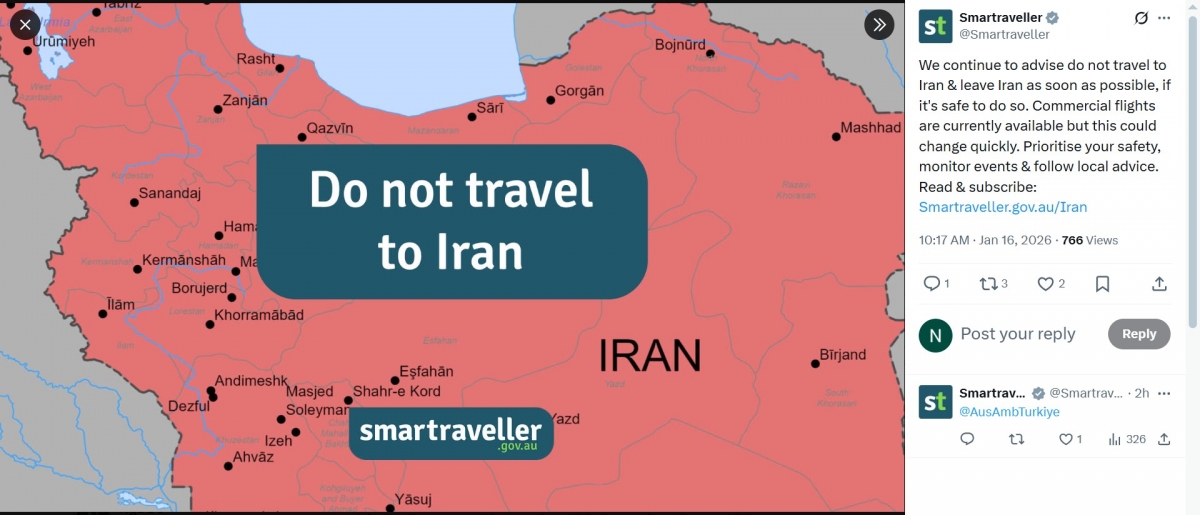 Chính phủ Australia khuyến cáo công dân không nên đến Iran và rời Iran càng sớm càng tốt.