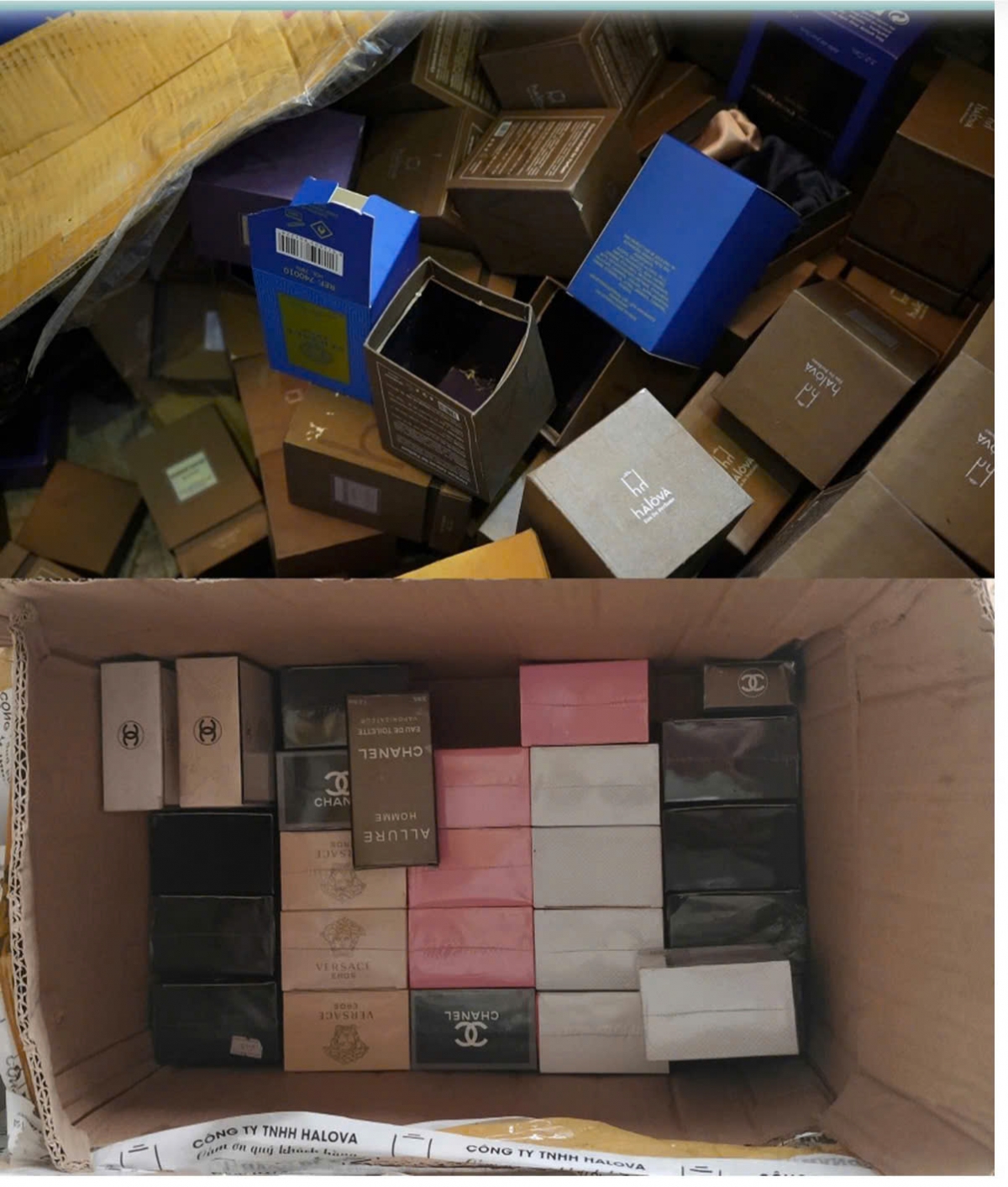 Các vỏ hộp nước hoa phát hiện tại các cơ sở làm nước hoa giả. (Ảnh: CA cung cấp)