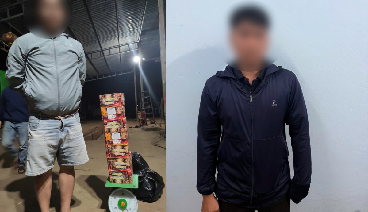 Hai đối tượng N.N.Q và Đ.V.T bị tạm giữ hình sự vì buôn bán pháo nổ trái phép. (Ảnh: Công an Lâm Đồng)