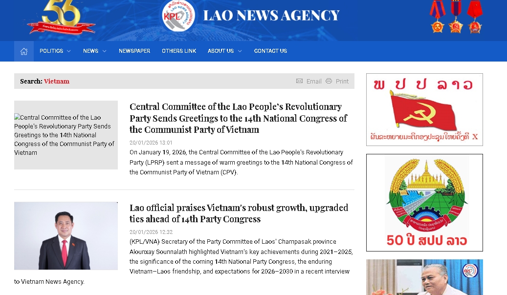 Hãng thông tấn Lào đăng tải nhiều bài viết về Đại hội XIV của Đảng Cộng sản Việt Nam