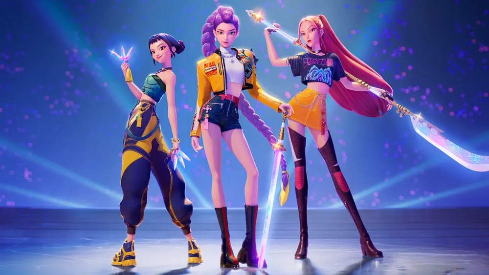 Hình ảnh nhóm Huntrix trong phim, biểu tượng cho sự kết hợp giữa Kpop, hoạt hình và yếu tố giả tưởng hiện đại. (Ảnh: Netflix)