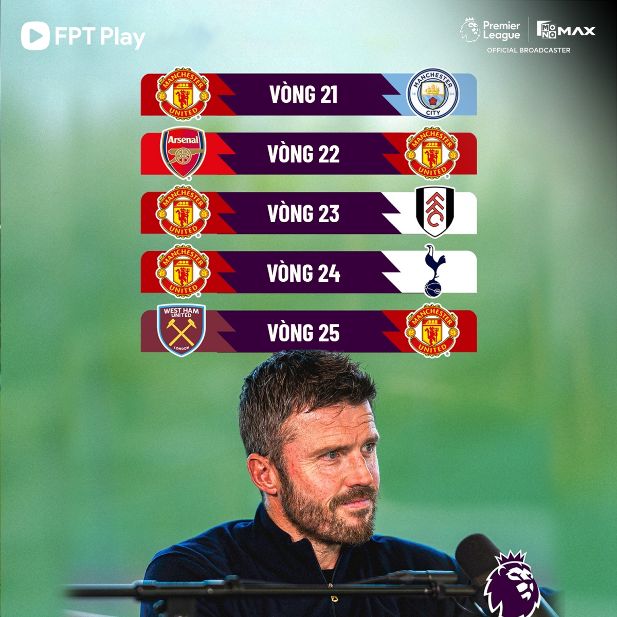 Lịch thi đấu của MU ở 5 vòng đấu tới tại Ngoại hạng Anh 2025/2026. (Ảnh: FPT Play)