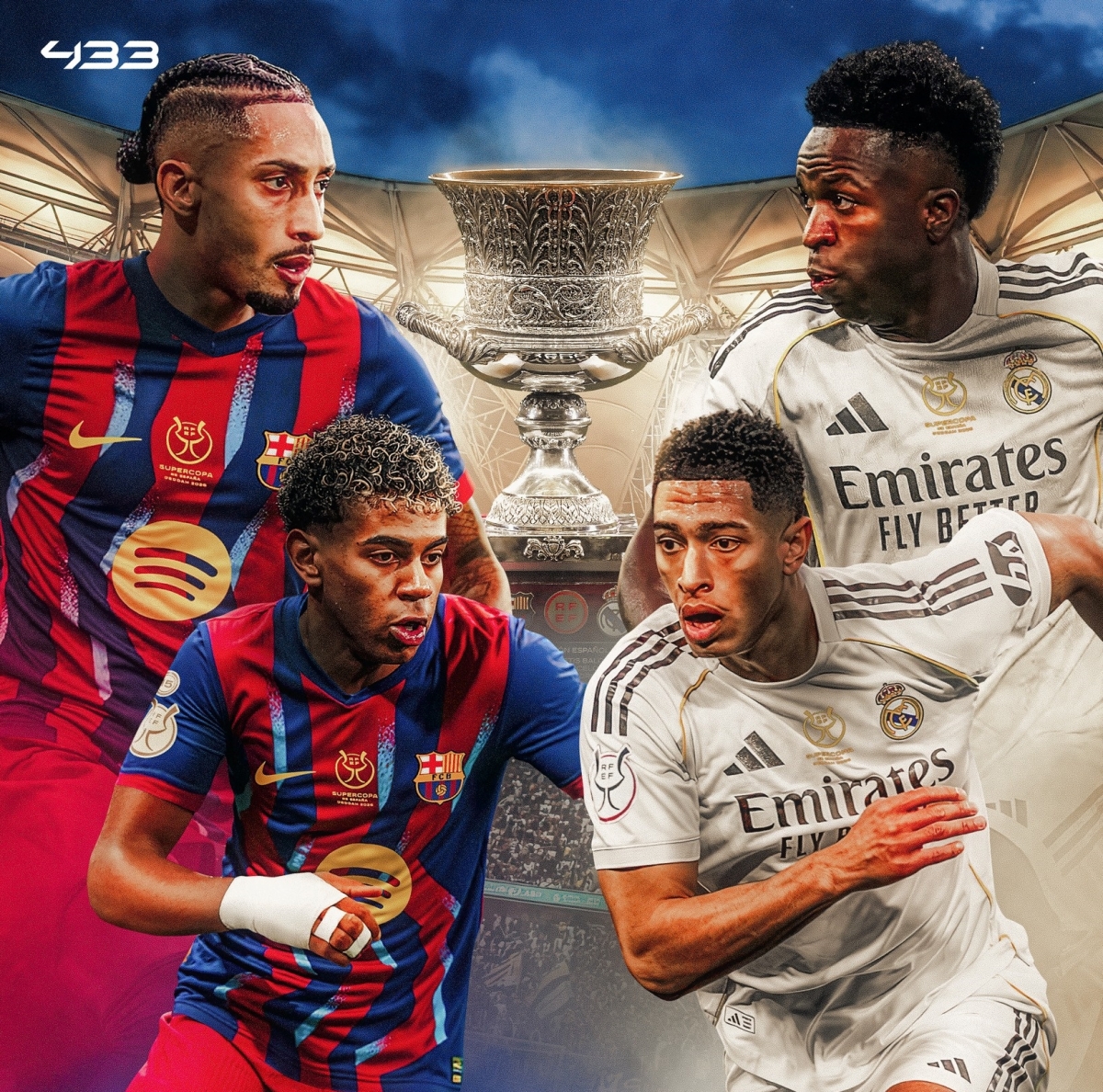 Đại chiến El Clasico giữa Barcelona vs Real Madrid tại chung kết Siêu Cúp Tây Ban Nha 2025/2026. (Ảnh: 433)