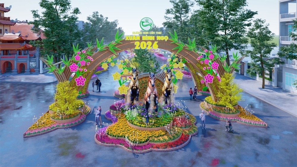 Mô hình cổng chính Đường hoa nghệ thuật “Mừng Đảng quang vinh - Mừng xuân Bính Ngọ năm 2026” thành phố Cần Thơ.