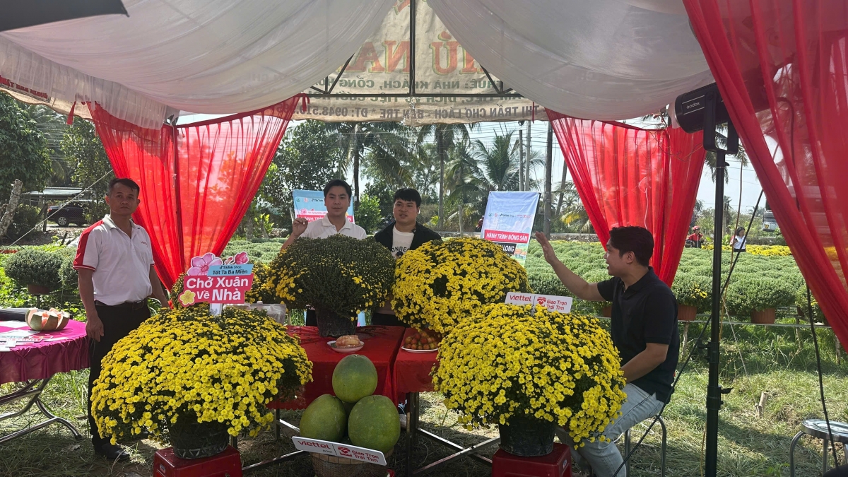 Một phiên chợ livestream tại xã Chợ Lách, tỉnh Vĩnh Long góp phần giúp nông dân tiêu thụ một số lượng lớn chậu hoa nở sớm