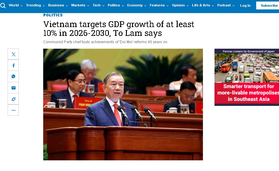 NHK đăng tải bài viết nhấn mạnh mục tiêu tăng trưởng của Việt Nam tại Đại hội XIV