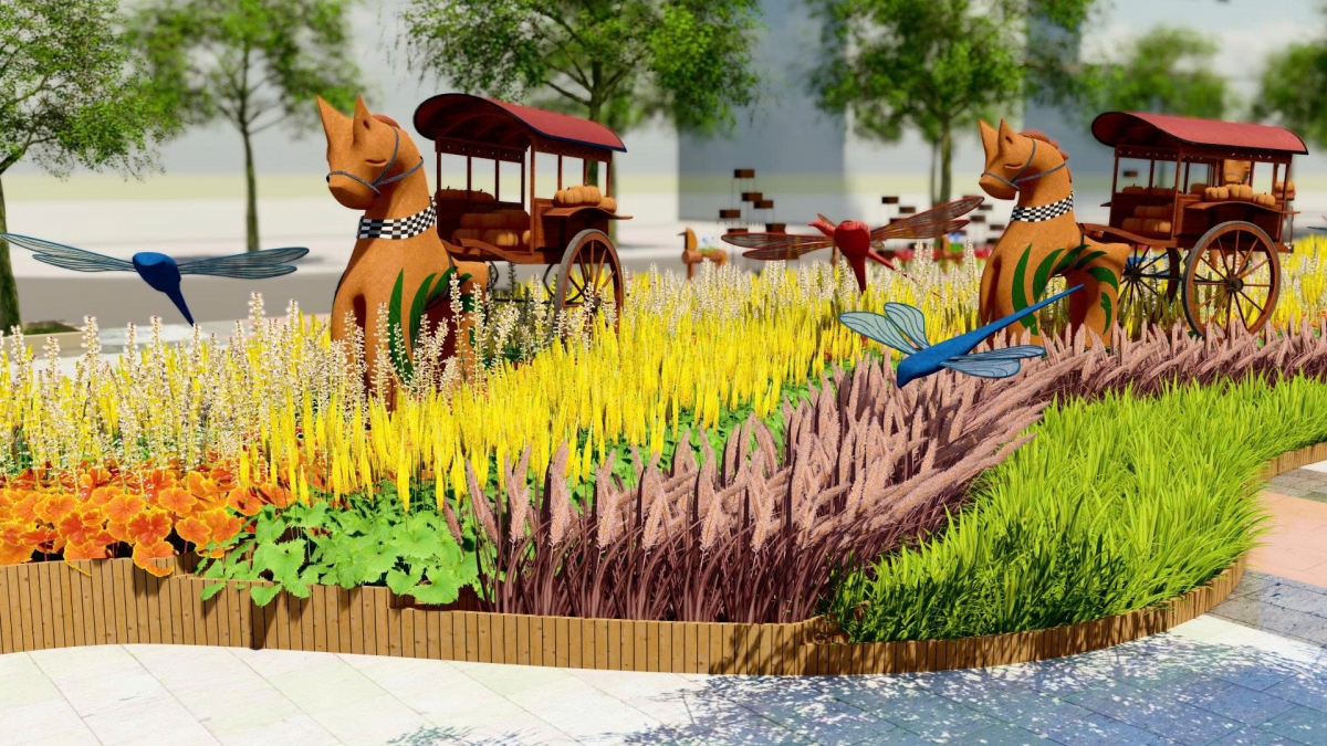 Một đại cảnh khác được thiết kế với các loài hoa đầy màu sắc cùng linh vật ngựa  (ảnh: BTC)