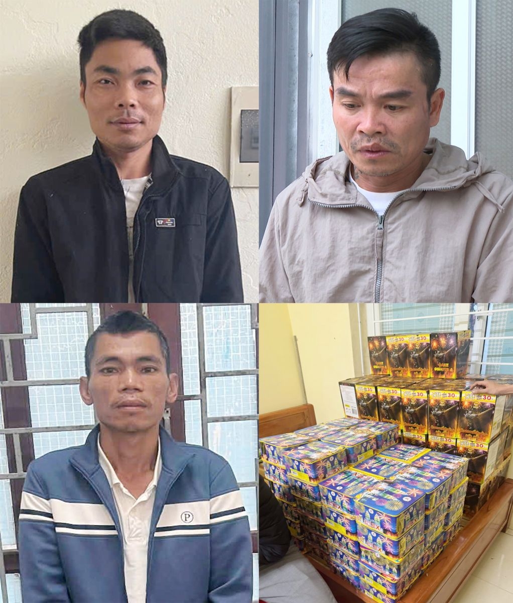 Các đối tượng (từ trái qua phải): Hùng, Minh, Sơn và số pháo thu giữ.