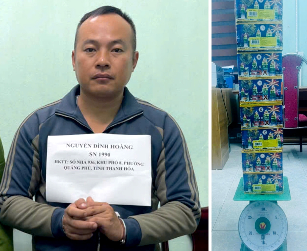 Đối tượng Nguyễn Đình Hoàng cùng tang vật.