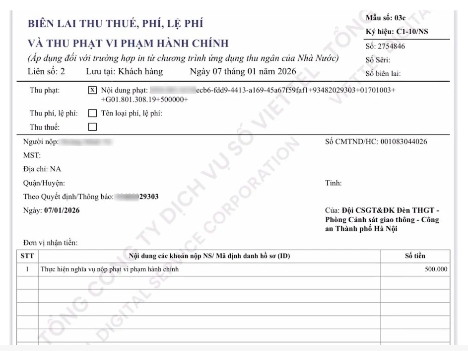 Hình ảnh biên lai xử phạt.
