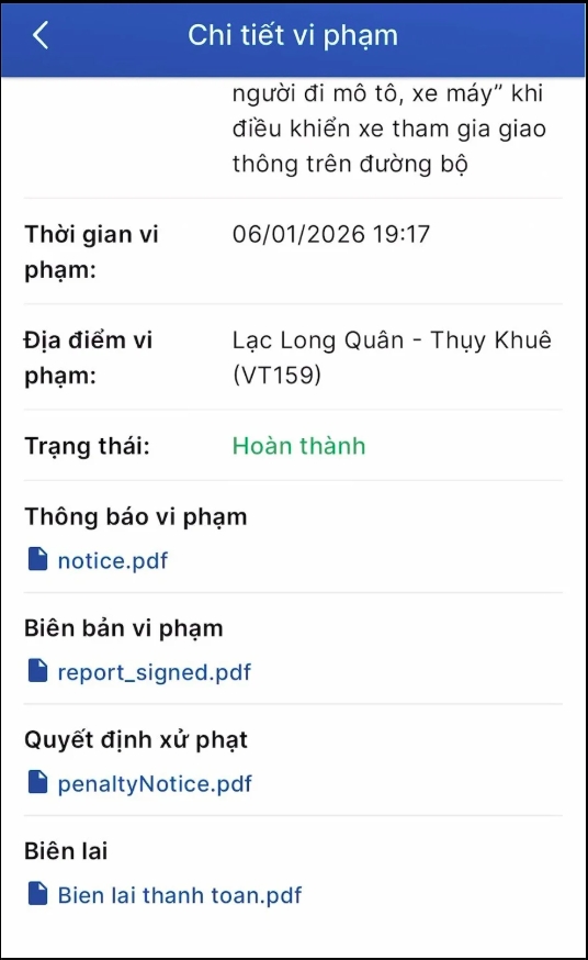 Cơ quan công an xác nhận hoàn thành việc xử phạt vi phạm hành chính.
