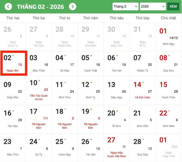 Ngày rằm tháng Chạp rơi vào thứ Hai (Ảnh: Chụp màn hình)